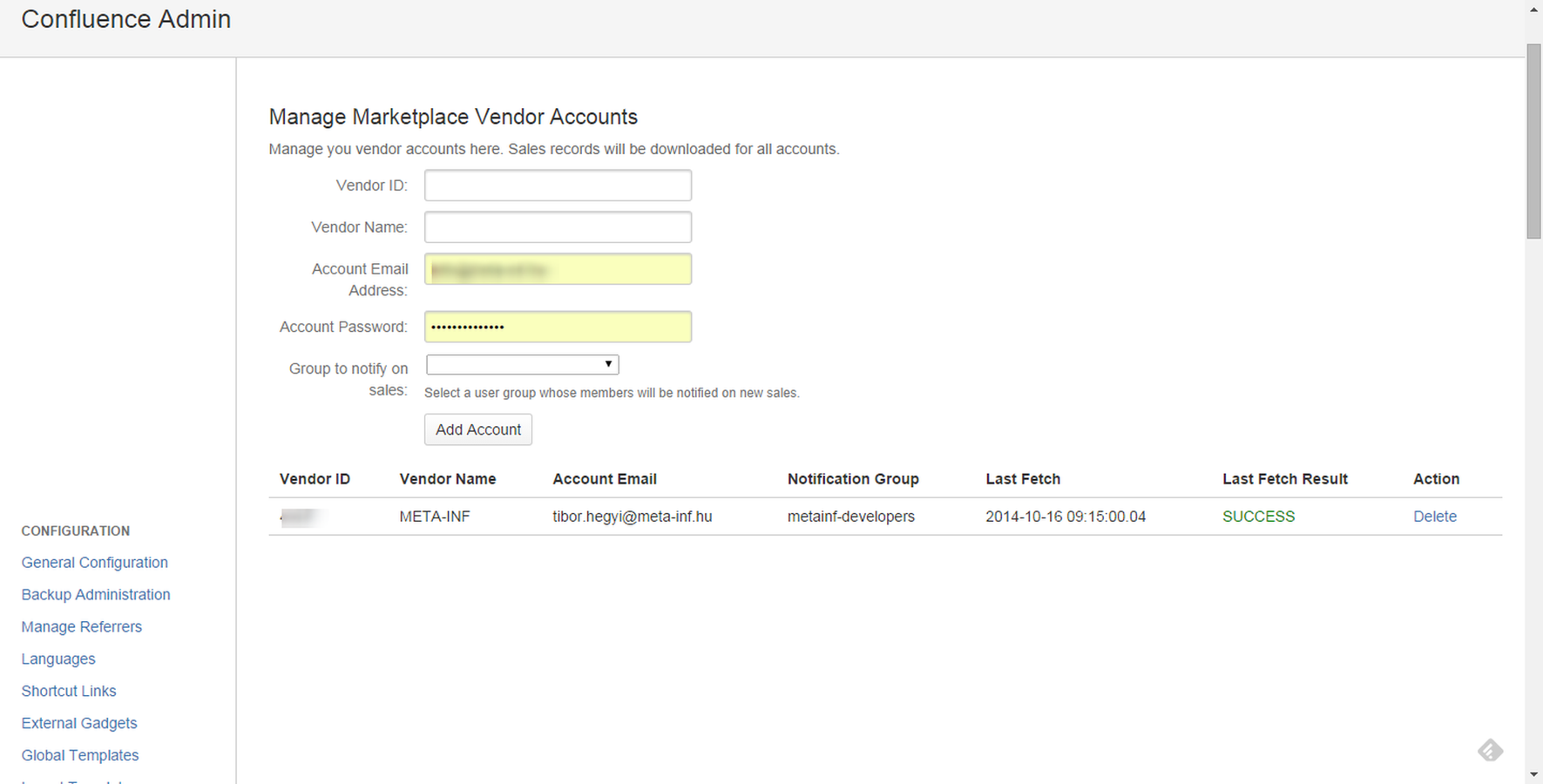 Configure one or more vendor accounts