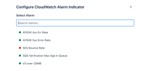The alarm picker lists all CloudWatch alarms from your account with their live state shown as a colour-coded dot. Search by name to find alarms quickly, then click to select.
