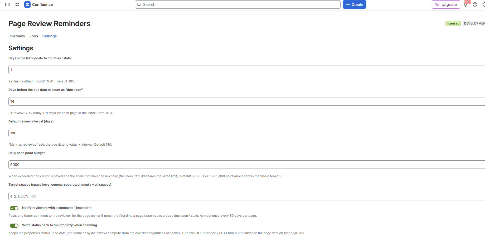 Set review policy from the page menu: reviewer, due date or repeat interval.