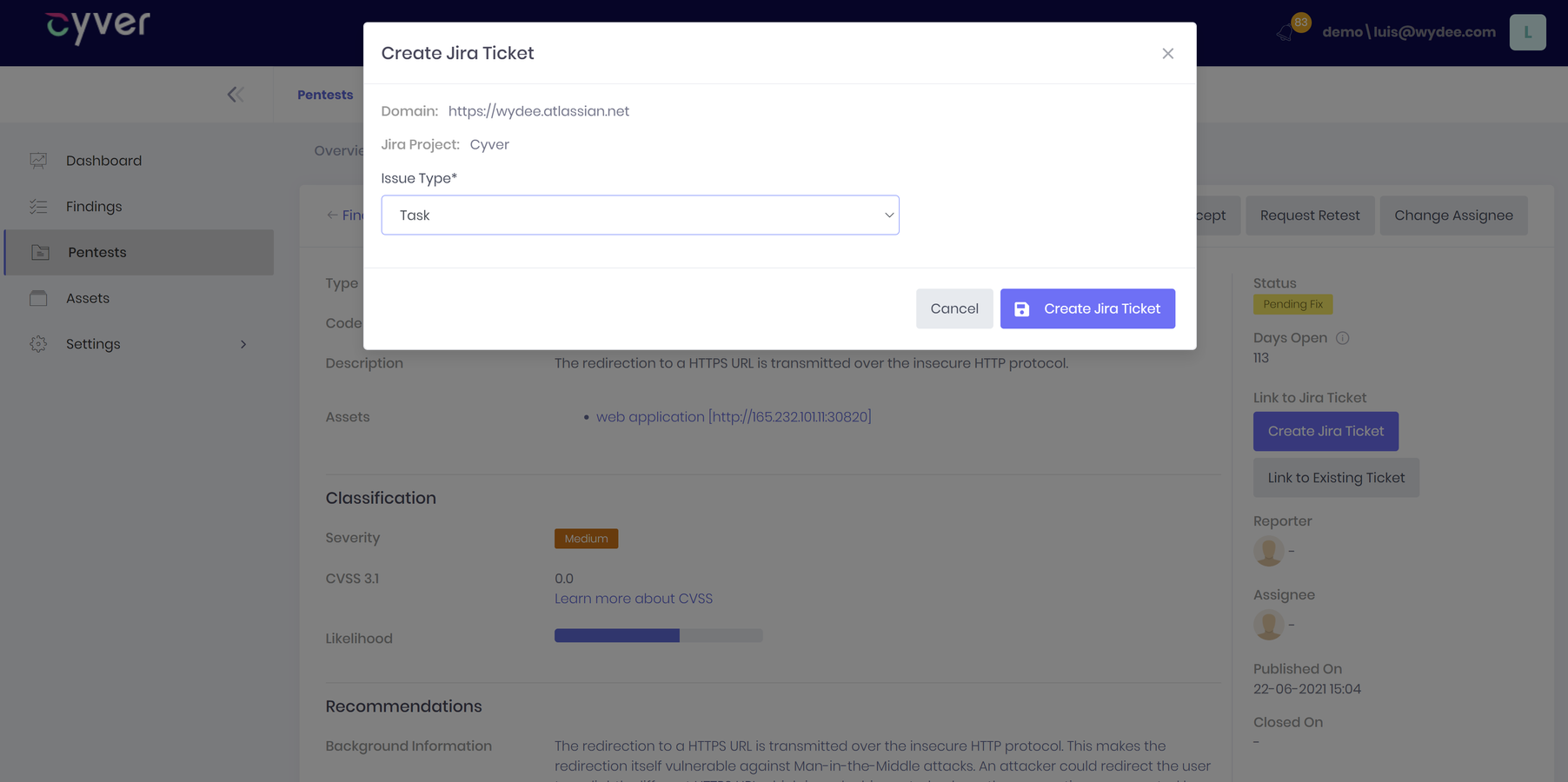 Create new ticket from Cyver Core
