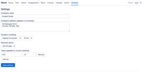 Settings: company details, rounding, payment terms, taxes, and the connection to Xero or QuickBooks.