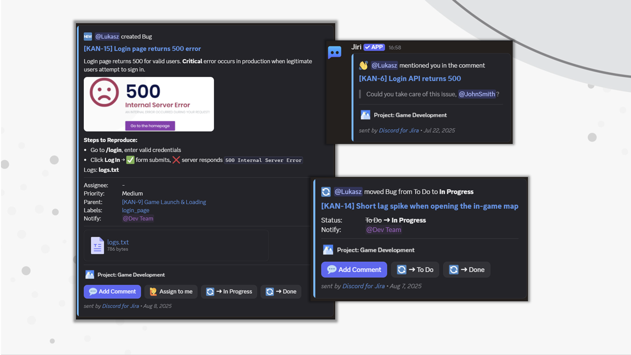 Rich Jira alerts in Discord: diffs, attachments, quick actions, auto @mentions.