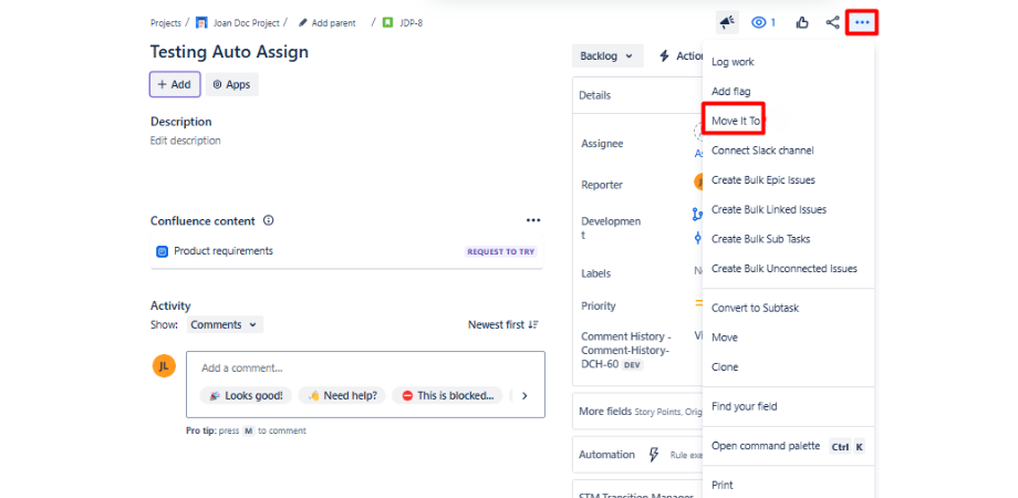Once rules have been defined, users can manually move an issue to another project. You can configure whether a comment should be added, the destination project, field mappers and whether or not automation is enabled
