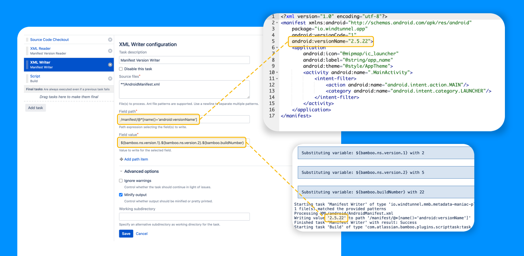 Updating an AndroidManifest version field using dynamic and pre-defined variables.