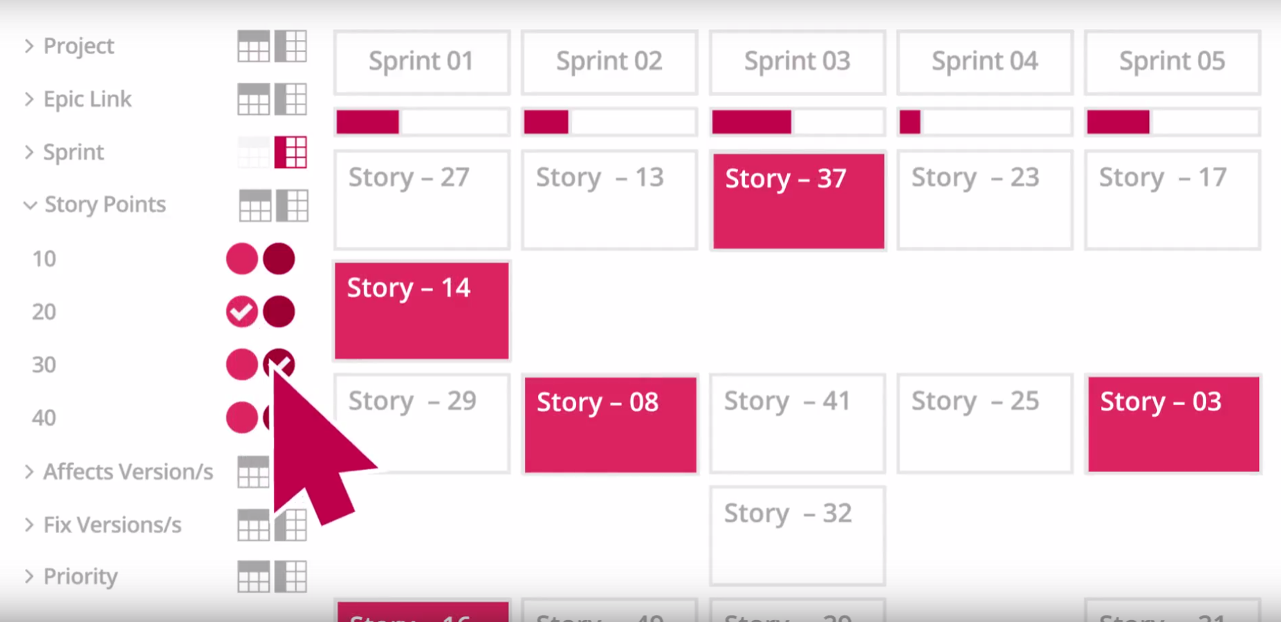 Have all your stories at a glance - no paging and no lengthy reloading. Plan the road map and keep track of the big picture. Create a cross project map and have multiple projects at a glance.