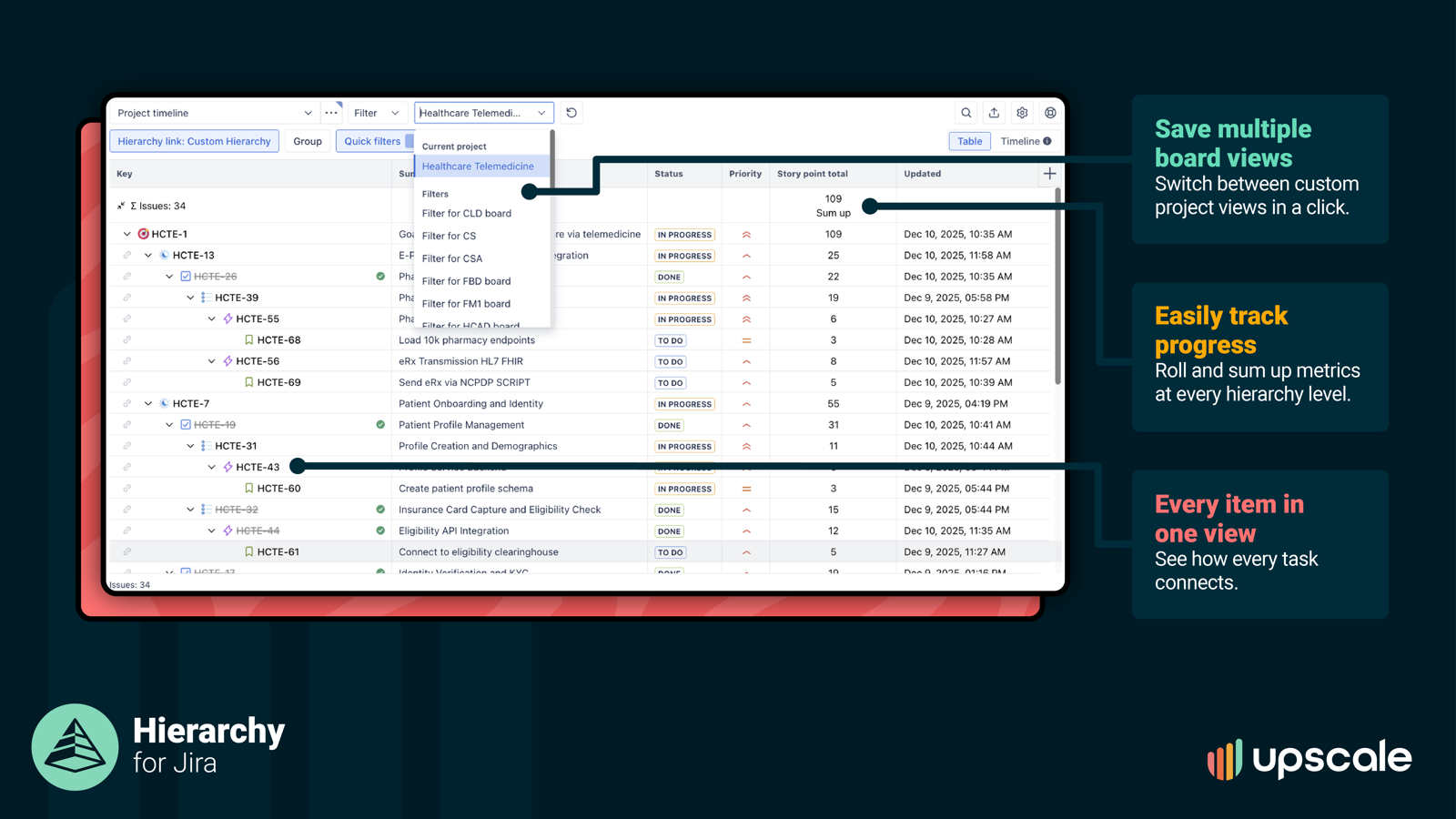 Save multiple custom views for different audiences. Automatic rollups show story points, estimates, and progress at every level. Share real-time reports instantly with stakeholders, without manual updates.