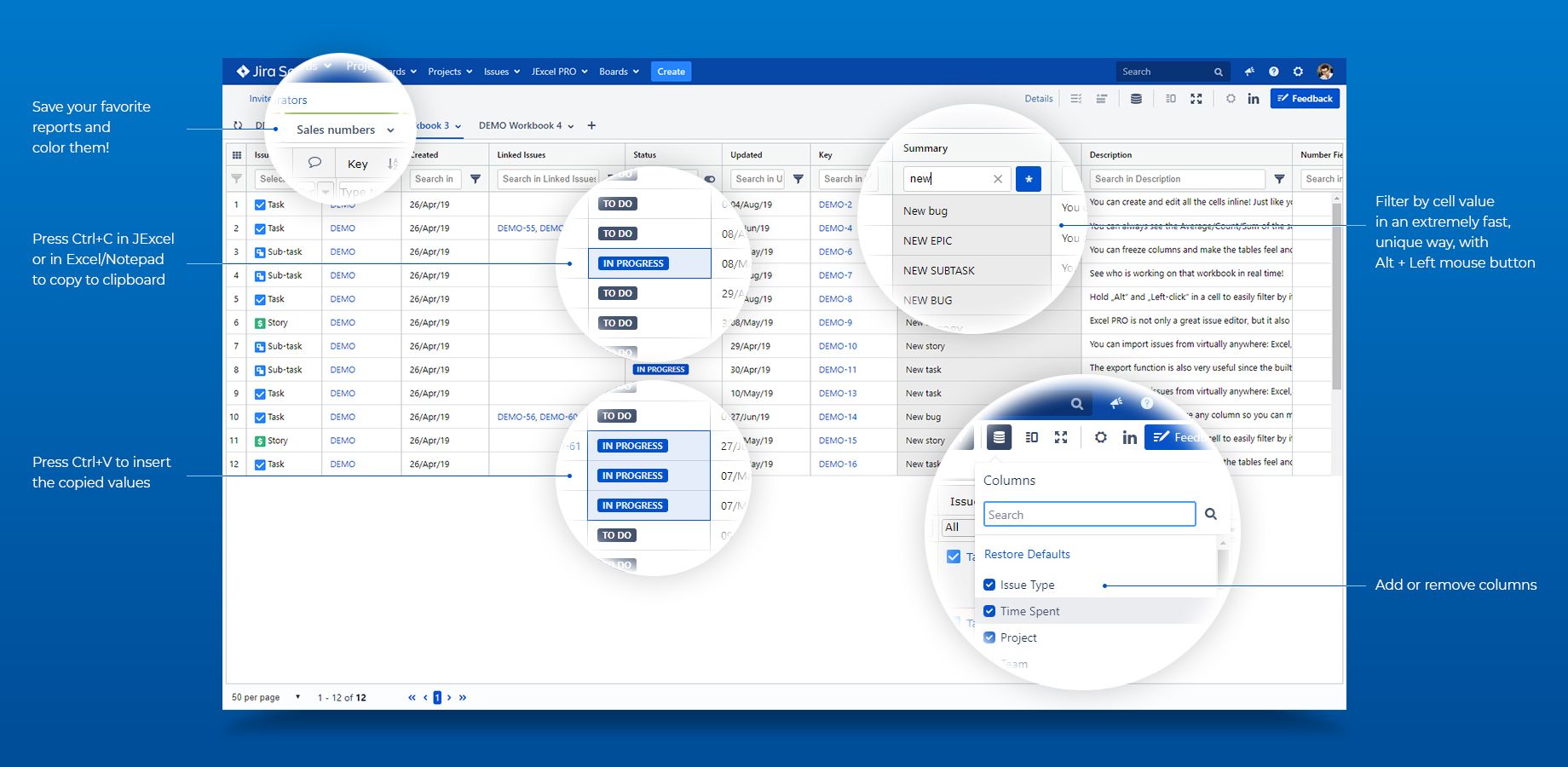 - Filter like in Excel
- Various filtering and sorting options are also supported
- Create statistics and reports from fields
- Perform calculations from numeric fields with calculated columns