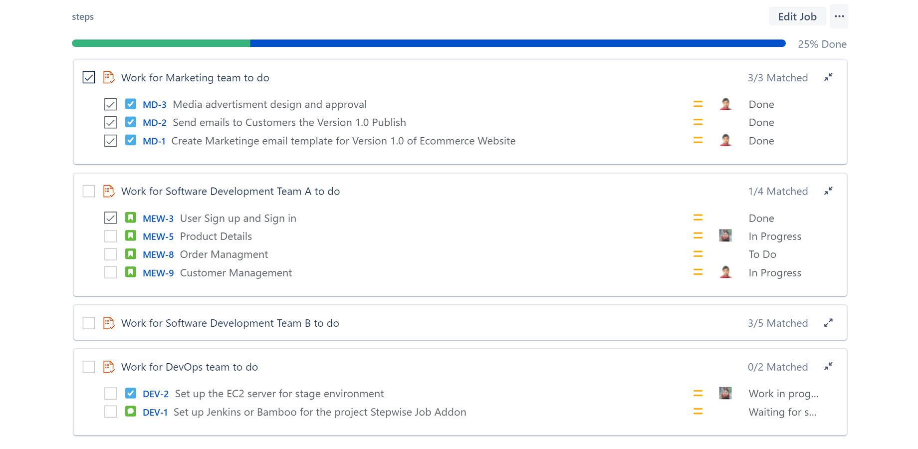Track status of issues from different projects/labels/fix/components/priorities/ versions by filer conditions instead of link them one by one