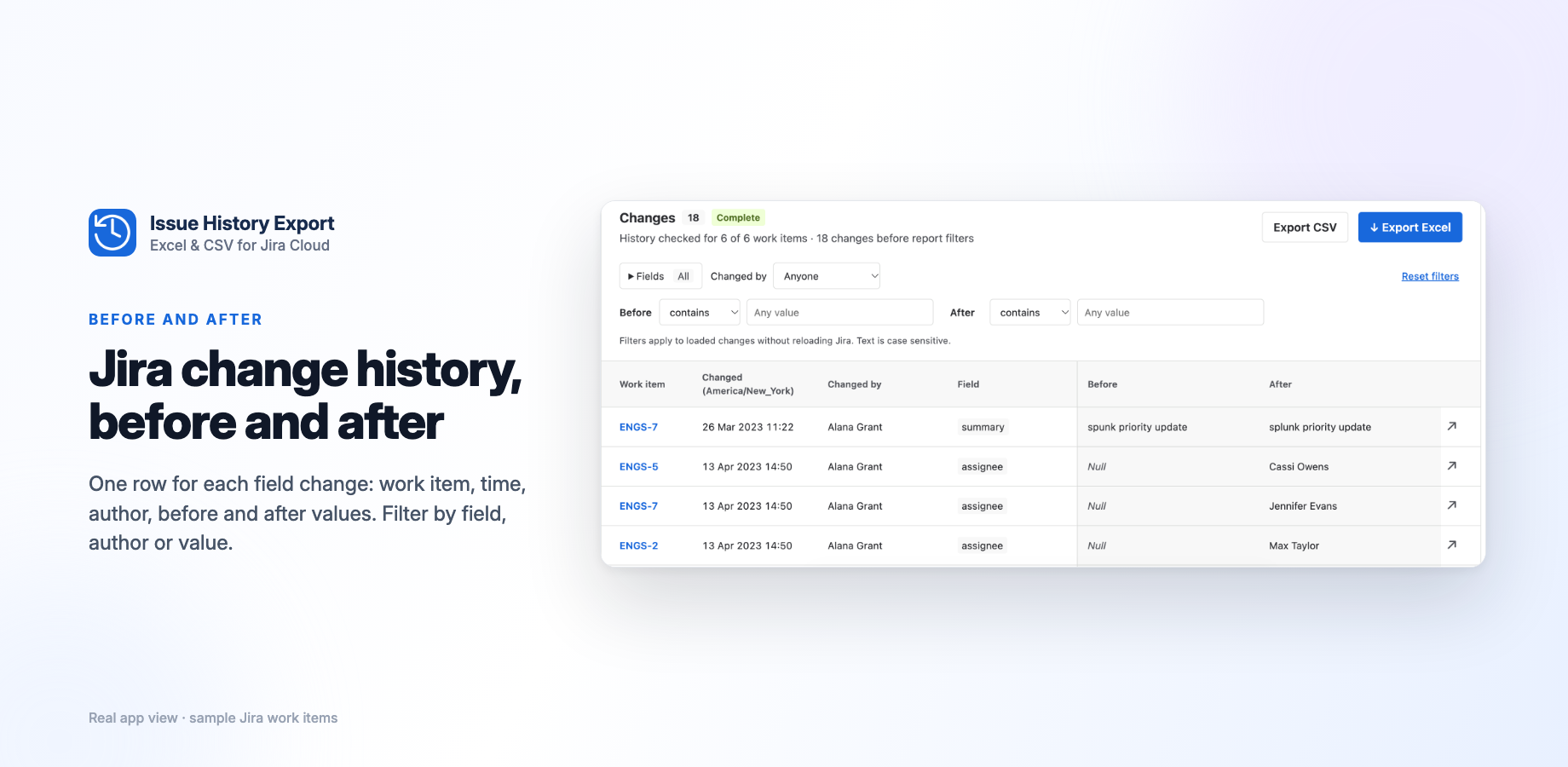 Review summary, assignee and status changes together. Filters apply to the loaded history; the work items are sample data on a Jira test site.