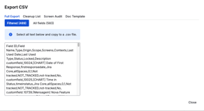 Export your audit as CSV in four modes — Full Export, Cleanup List, Screen Audit, or Doc Template — filtered or all fields, ready to paste into a spreadsheet for offline review