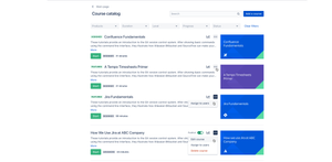 Progress for each course is visible and Administrators can manage custom content from within the catalog