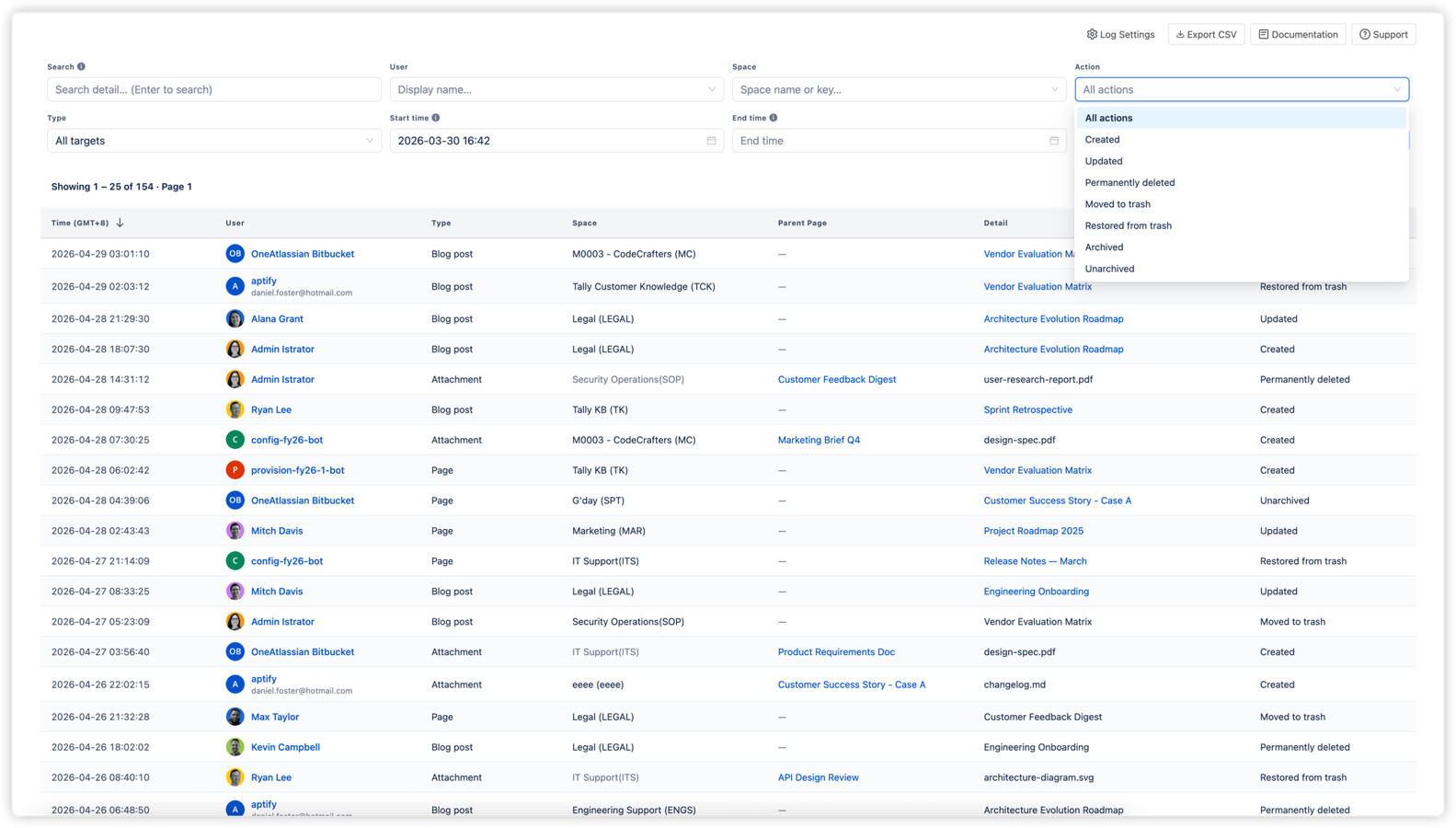Use the Action dropdown to filter by event type — Created, Updated, Moved to trash, Restored from trash, Permanently deleted, Archived, or Unarchived. Combine with user, space, and date filters for precise queries