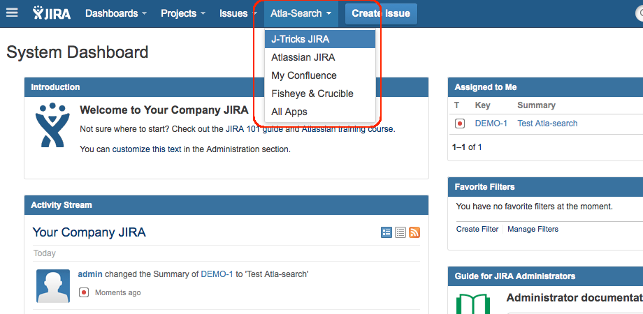 This screenshot shows the options available for search, for every configured application.
