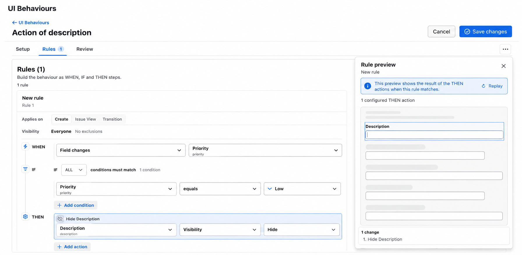 Rule Preview shows how configured actions affect the Jira screen.
