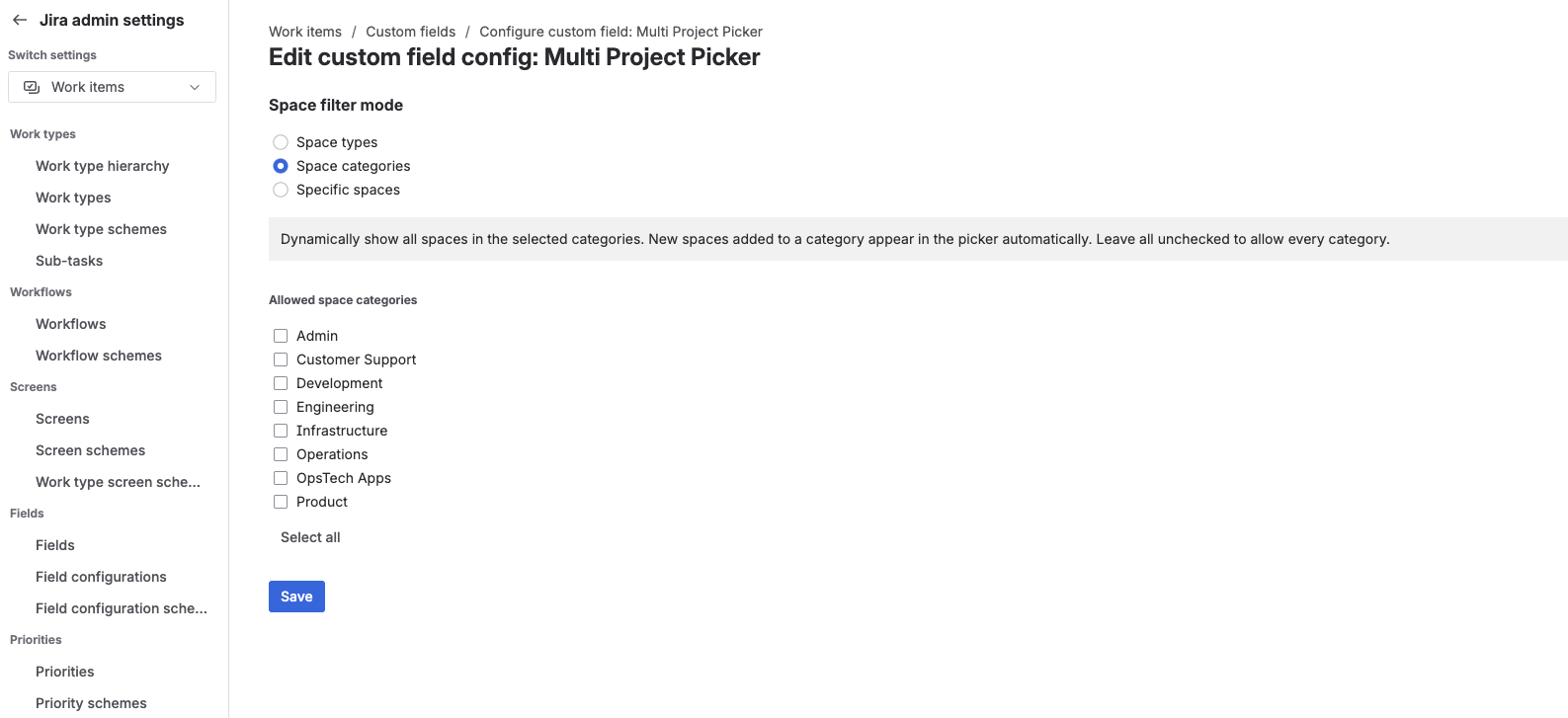 Configure selectable projects per field using project filters.