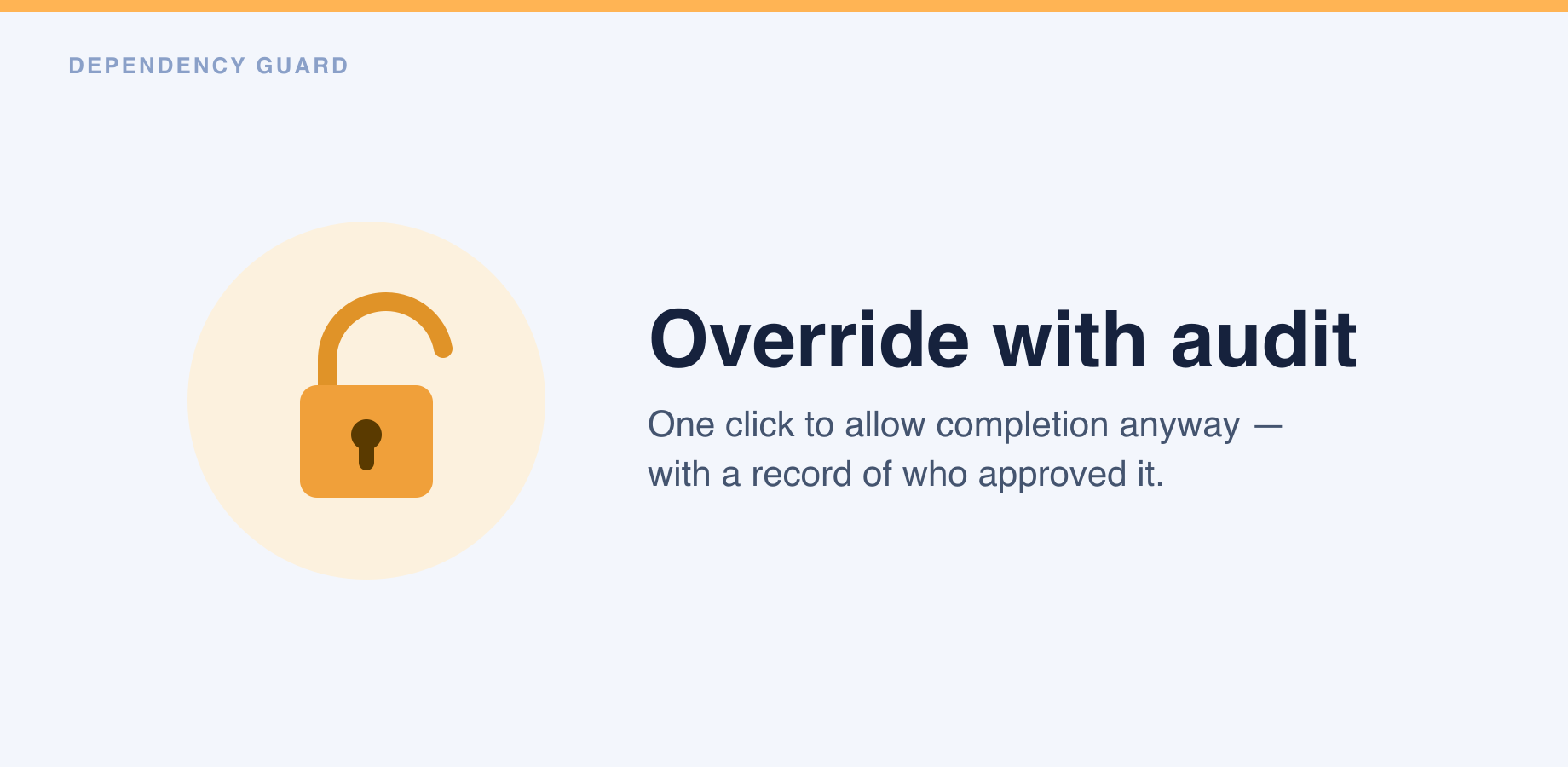 An active override: completion is allowed for 15 minutes and the approval is logged on the issue.