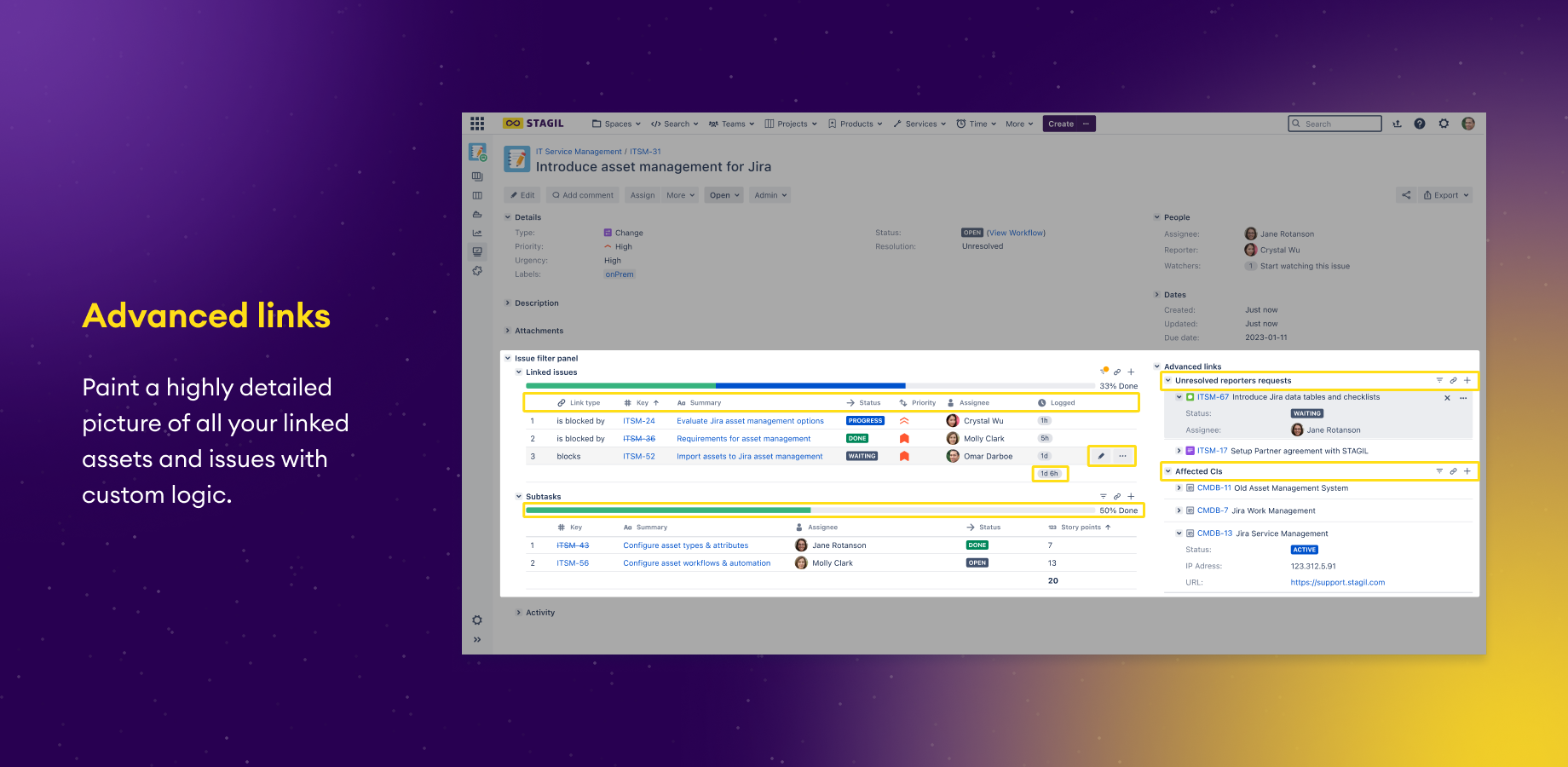 Create your business data model inside Jira. Visualize your issue links and drill through different dependency levels. See how your CMDB connects to your ITSM, CRM and HR or visualize org charts and project hierarchies.​