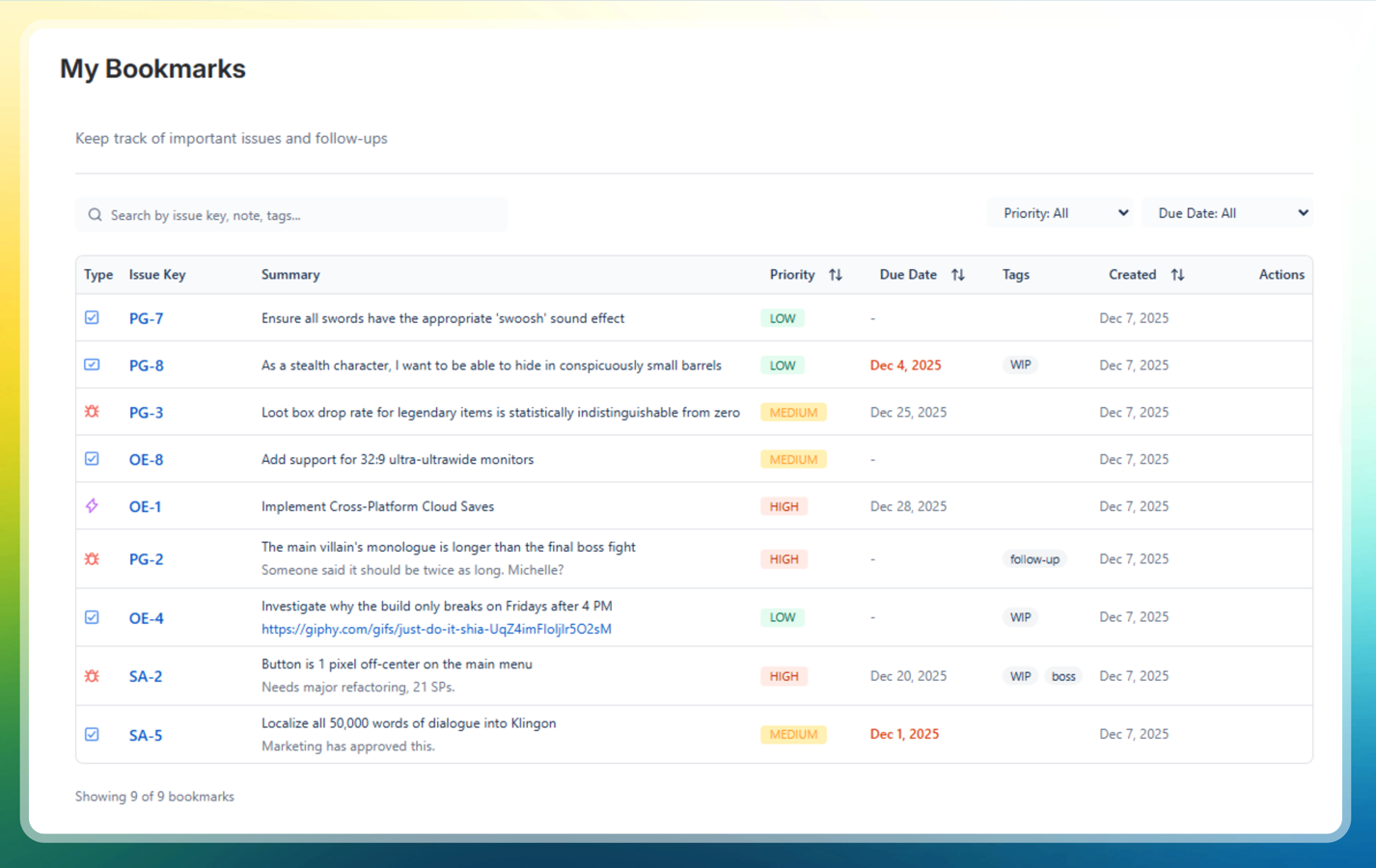 The "My Bookmarks" page aggregates every issue you've flagged across all projects, sortable and searchable.