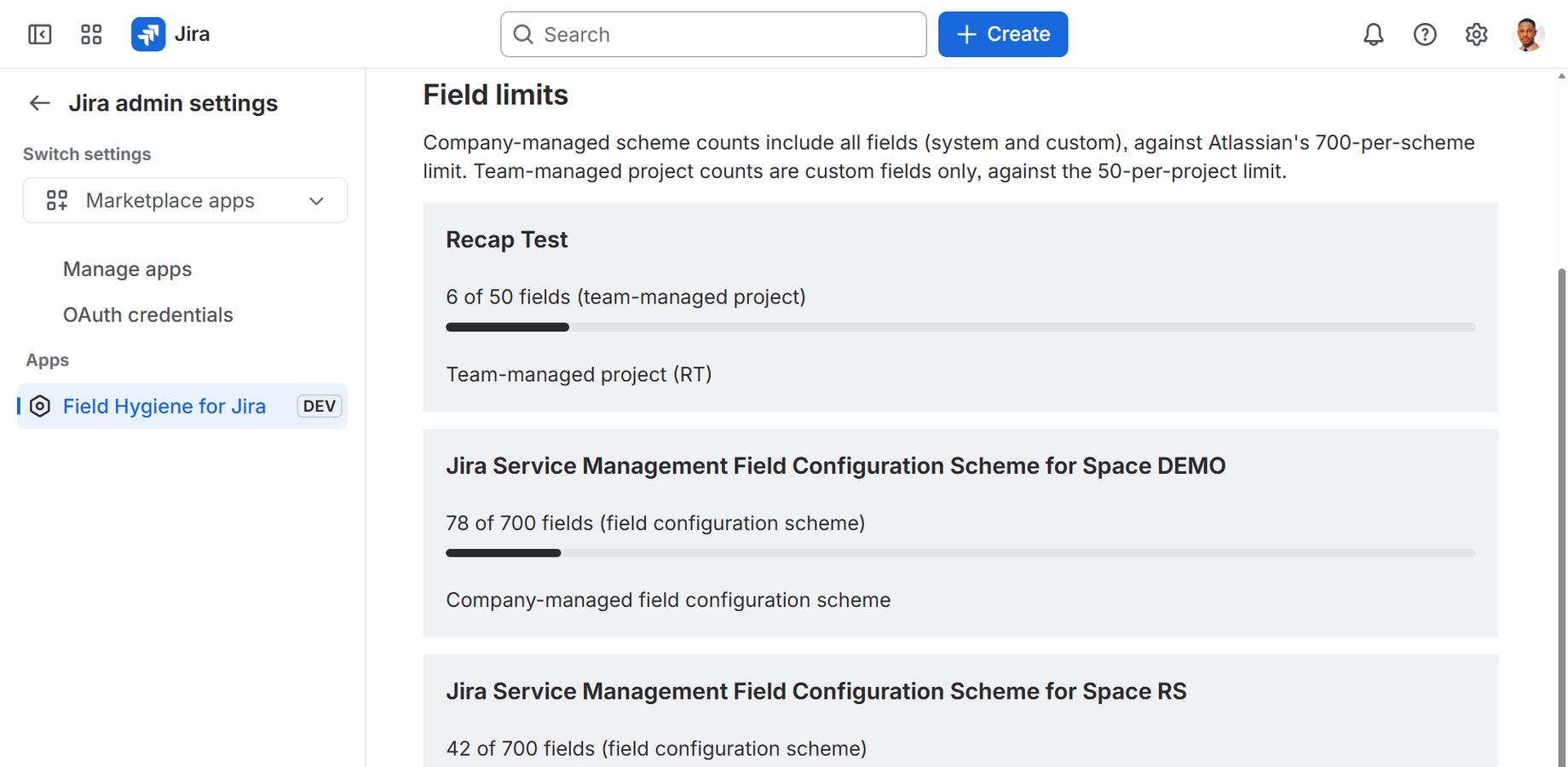 Per-scheme and per-project field-count guardrails, not one misleading total.
