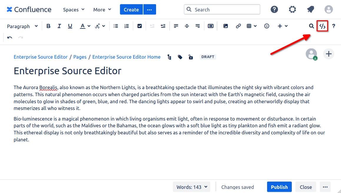 The Source Editor is accessible from the edit mode of any page, by clicking the button in the top right corner.