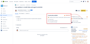 A custom merge check called "Commit Policy Satisfied," which verifies that pull request details (like title and description) and all associated commits comply with the rules set in the commit policy.