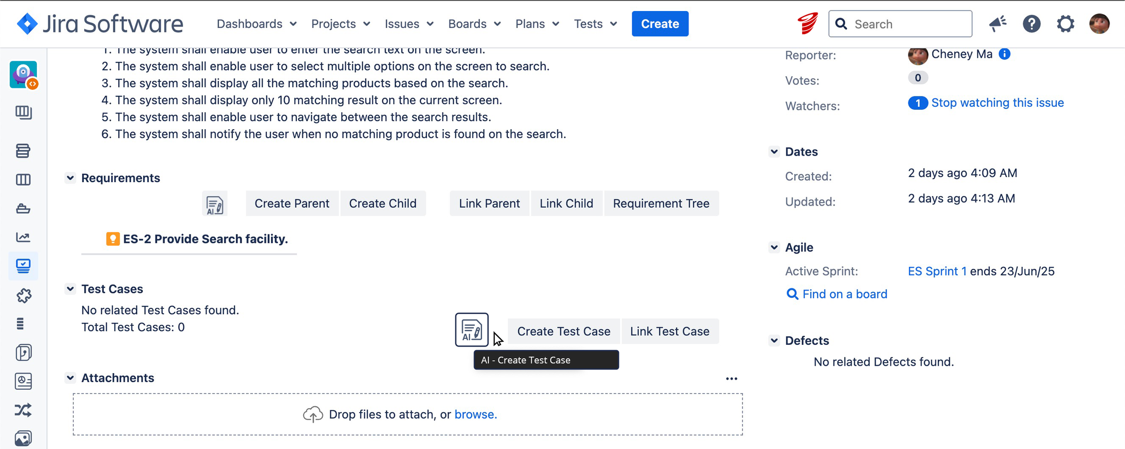 Automatically generate detailed test cases from your linked requirements.