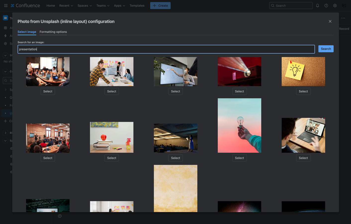 A search panel inside Confluence displaying various high-resolution Unsplash images, reinforcing that users get access to a massive free library.