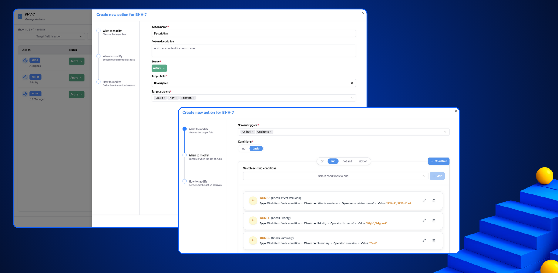 No-code visual wizard with context-aware smart filtering – only valid fields and Atlassian-supported modifications shown, ensuring error-free configuration every single time.