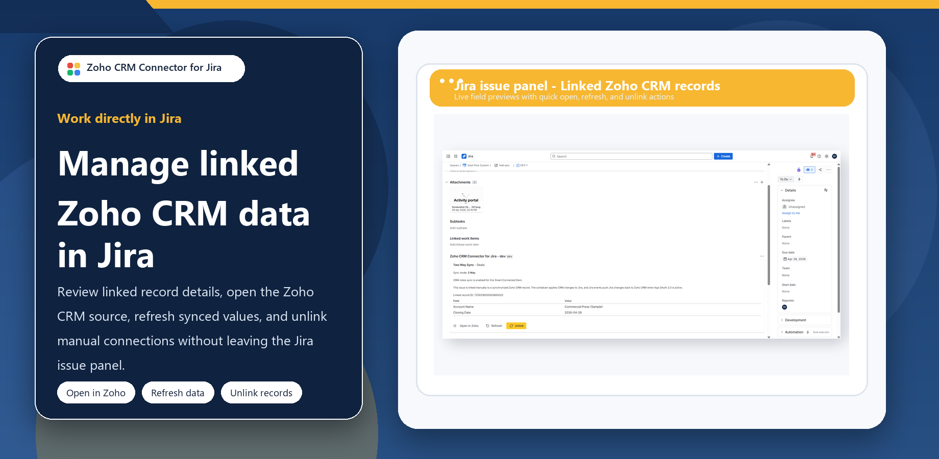 Linked issue panel showing record details and quick actions for Open in Zoho, Refresh, and Unlink.