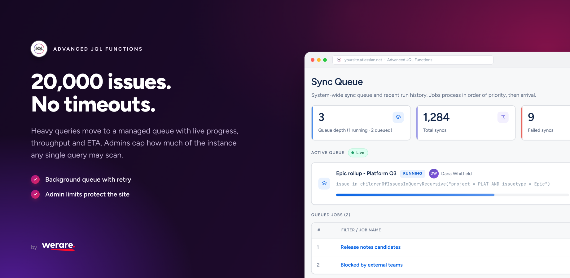 Sync Queue screen: one running job with a live progress bar, two queued jobs, and totals for completed and failed syncs across the site.
