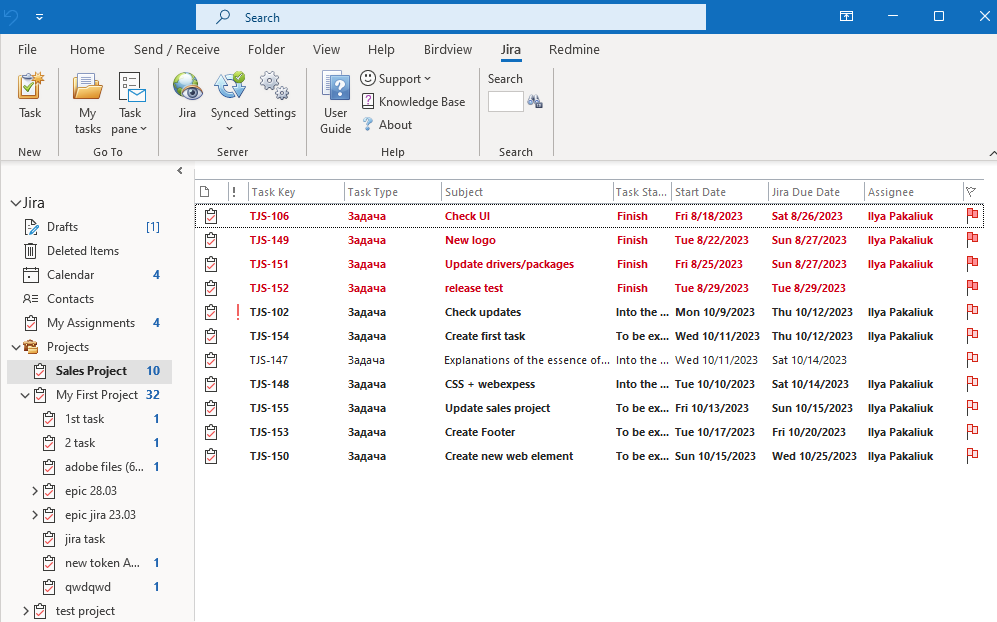 Import Jira issues into native Outlook tasks and folders. Tasks are displayed hierarchically inside project folders. Use Outlook flexibility to configure view mode and task filtering.