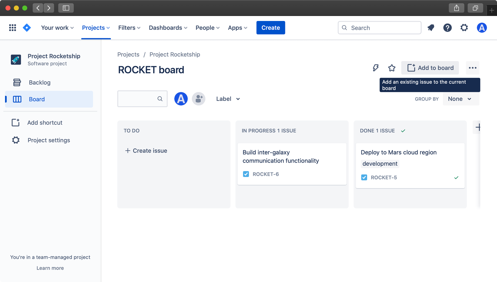 Jira board showing with "Add to board" highlighted