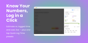 TimeEase issue panel: Issue Insights tracks estimate, remaining time, logged hours, and cost live, while Quick Log Time presets let you log worklogs in one click — no separate timesheet screen needed.