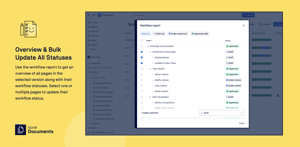 Use the workflow report to get an overview of all pages in the  selected version along with their workflow statuses. Select one or multiple pages to update their workflow status.
