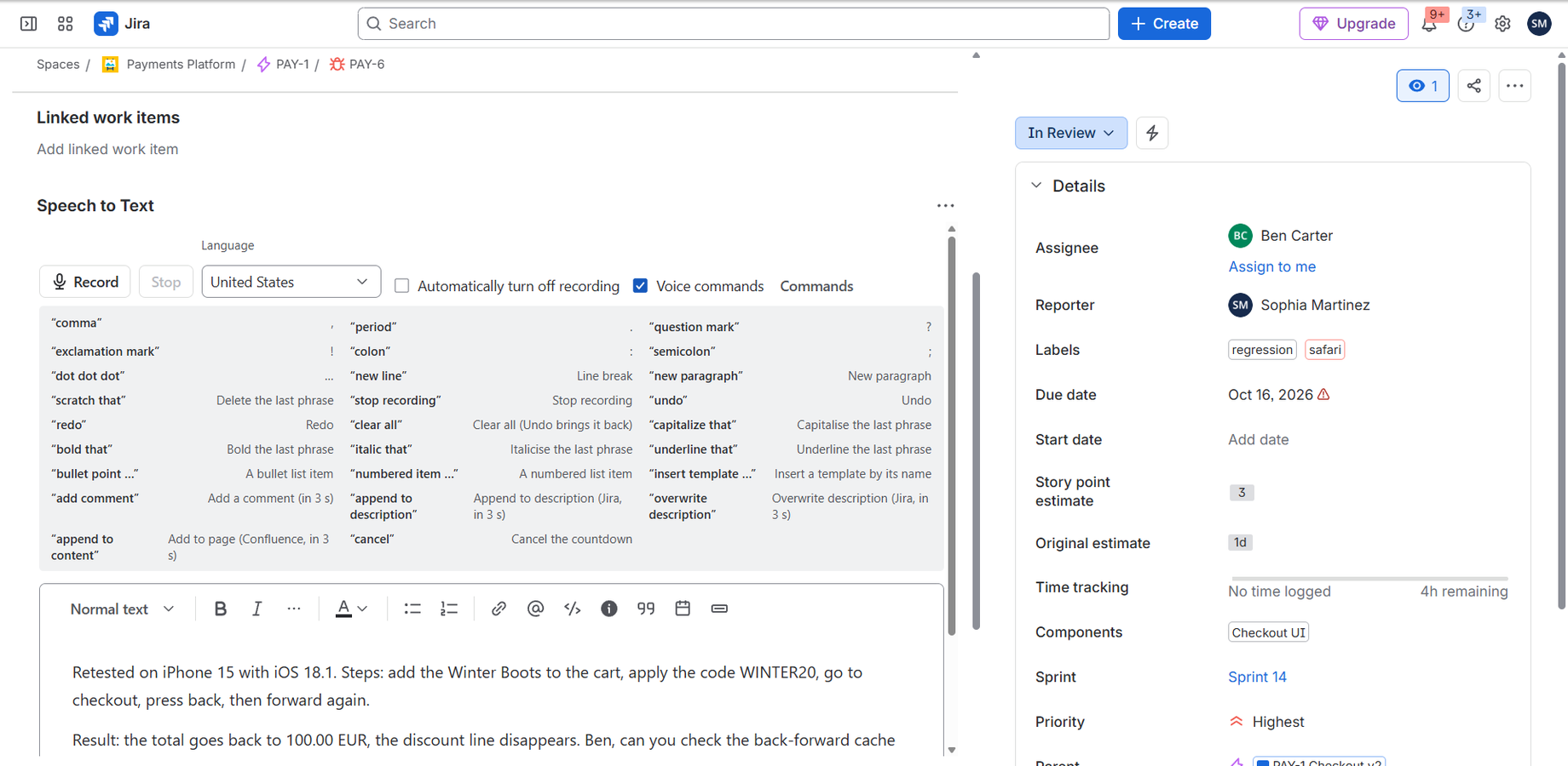 Voice commands for punctuation, formatting and posting — with a 3-second cancel.