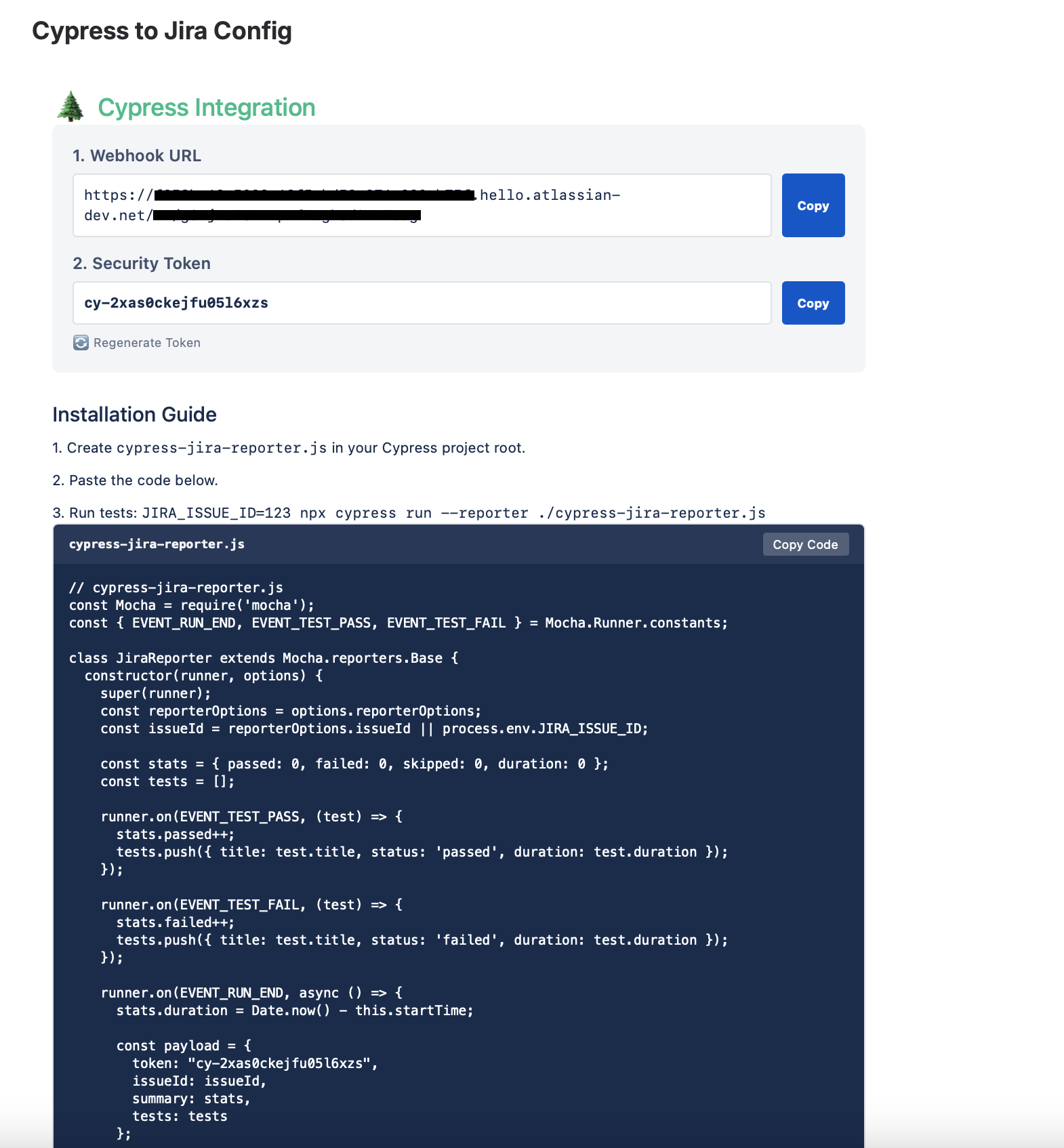 Cypress integration settings page in Jira showing auto-generated webhooks and copy-paste reporter code.