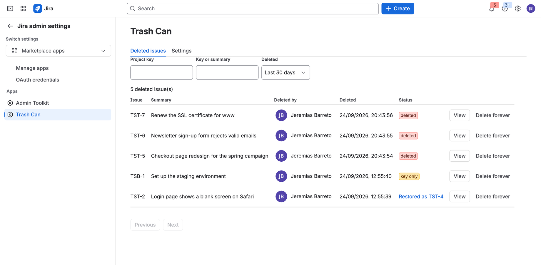 The Trash Can admin page listing deleted issues with who deleted them and when.