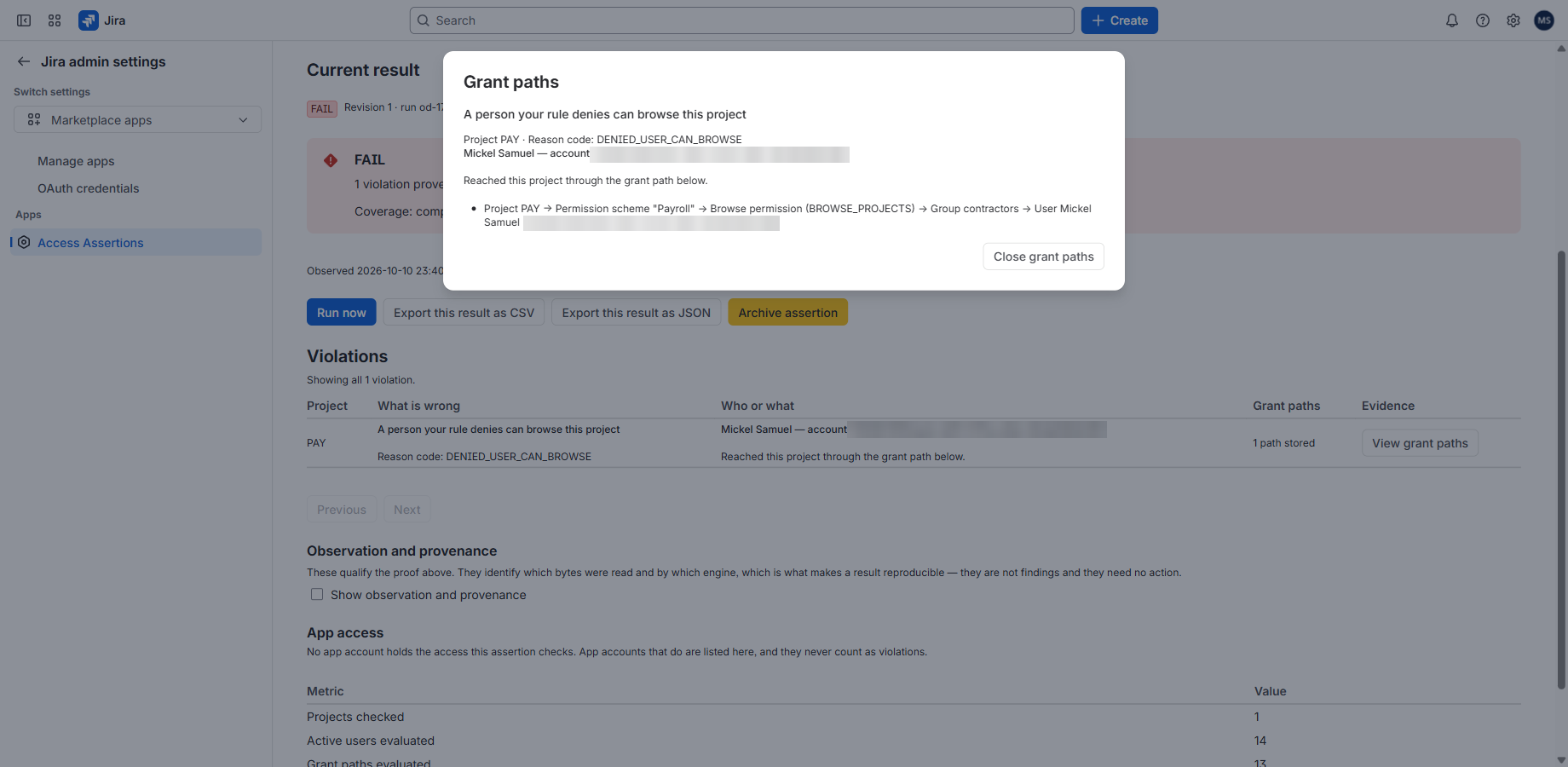 The grant path behind one violation, step by step: project, permission scheme, permission, group, account.