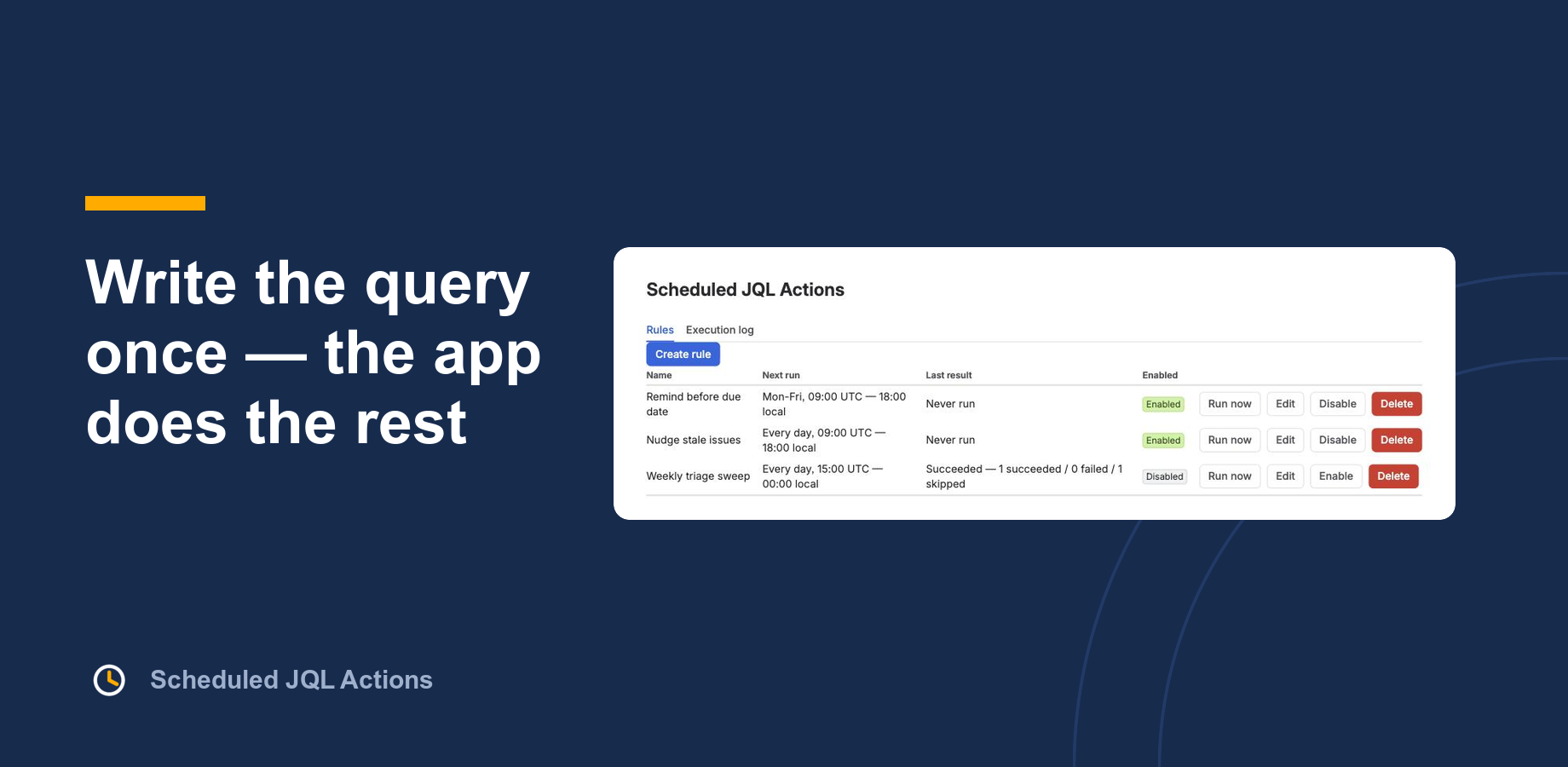 Every rule shows its schedule, what it did last time, and whether it is enabled.