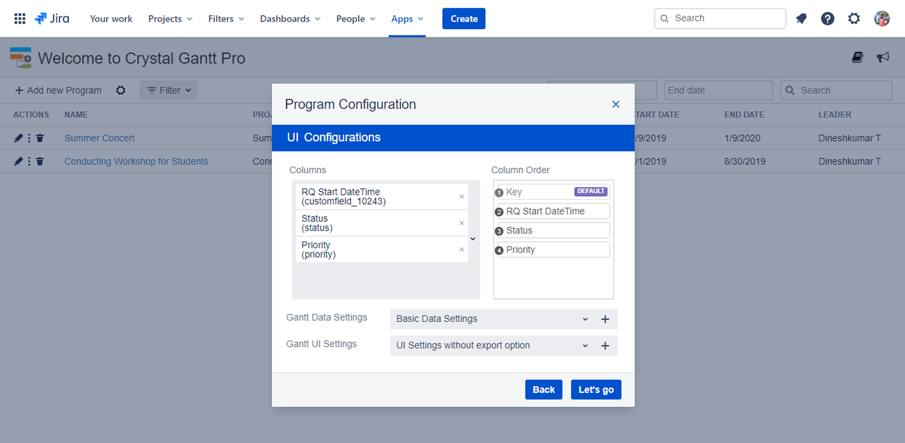 Customize the look and feel, and behavior of your Gantt in the Program setting. Also choose which columns to display in the table section. You can also customize which JIRA fields to bind the Gantt fields to.