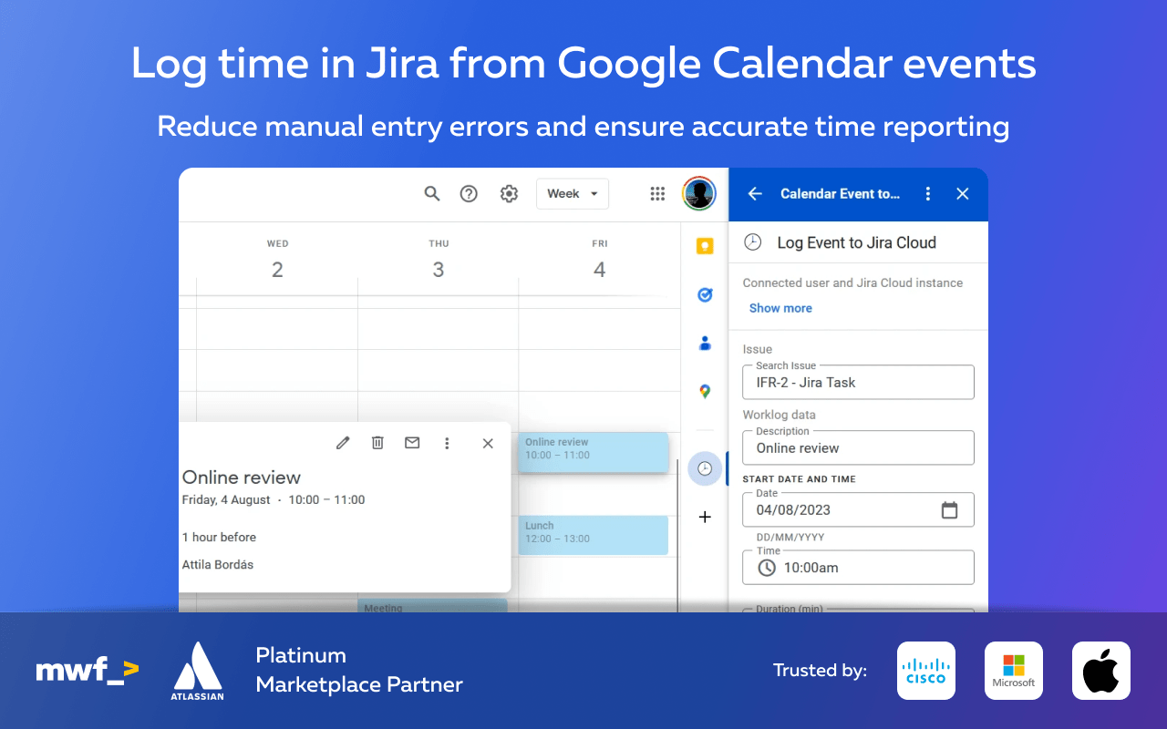 Automatically log time in Jira from Google Calendar events, reducing manual entry errors and ensuring accurate time reporting. This streamlined process enhances project tracking and resource management.