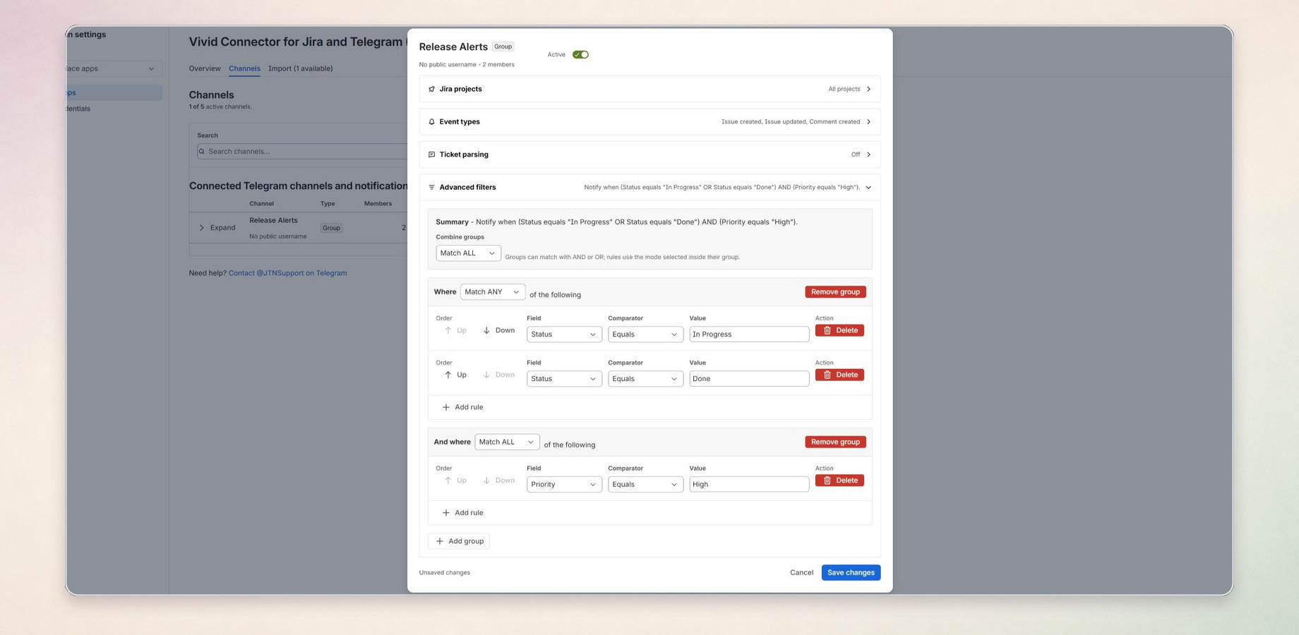 A Telegram channel configuration in Jira showing project scope, event selection, and an advanced filter that routes only matching issue updates.