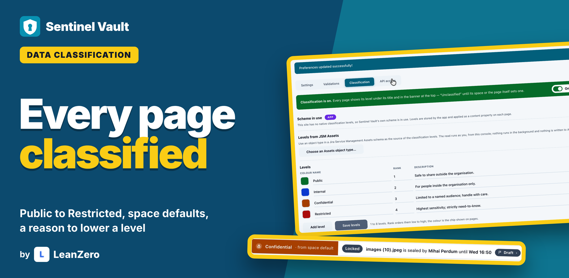 The Classification tab in site settings: four levels with rank and description, levels from JSM Assets, space defaults. In front, a page banner showing Confidential from the space default.