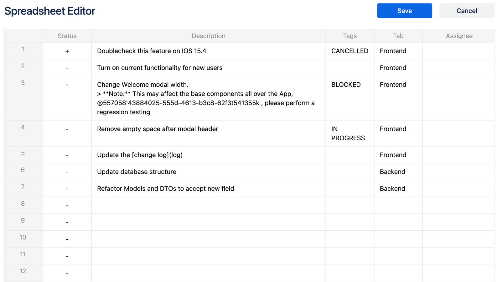 Spreadsheet editor for bulk item editing
