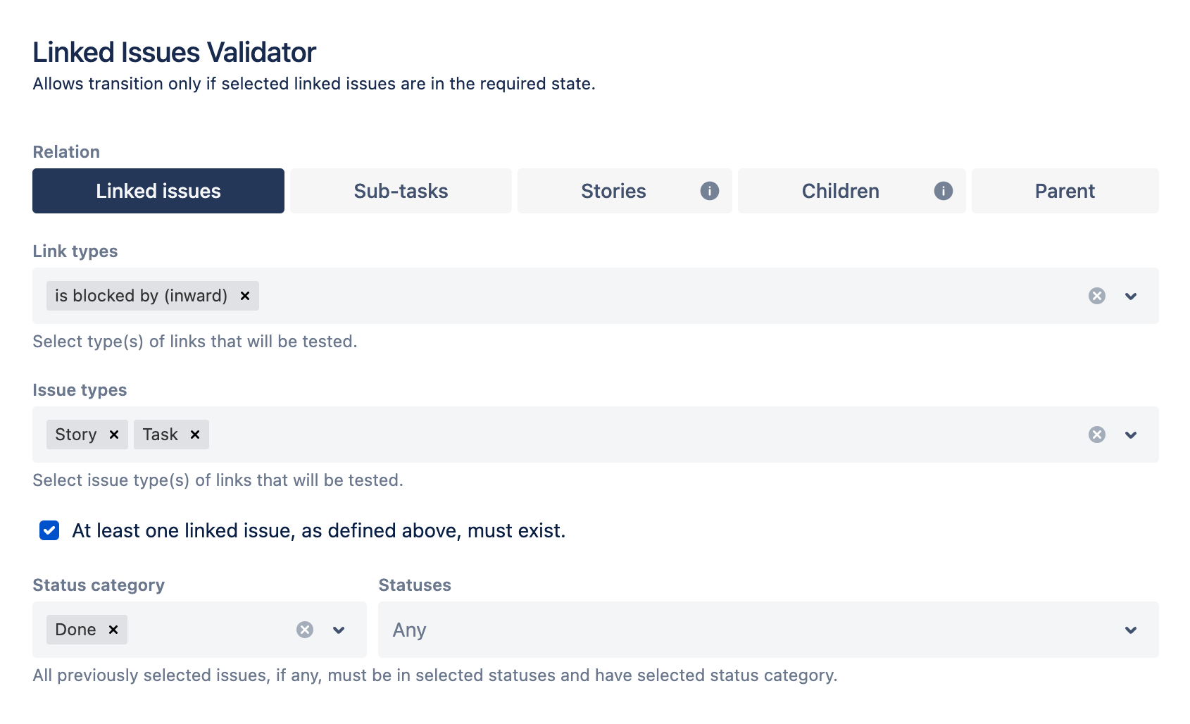 Linked issues, Children, Stories, Parent Validator