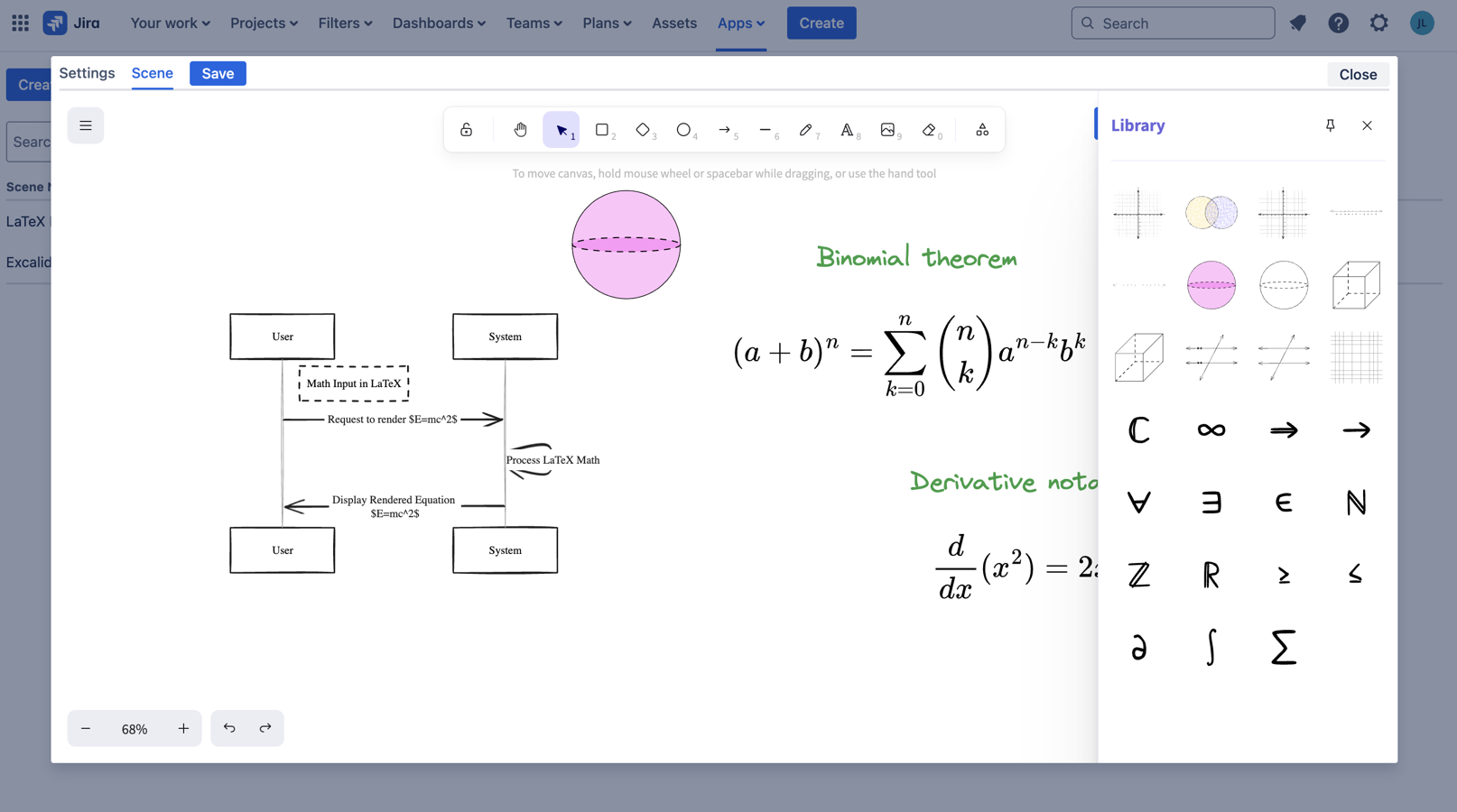 Access diagram libraries and render LaTeX math fully inside Jira — no external calls, no third-party services.