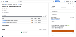 Make any existing work item recurring from its own page in two clicks. The item becomes the template, and the panel shows its rule, next run, and controls to pause, skip, or edit it.
