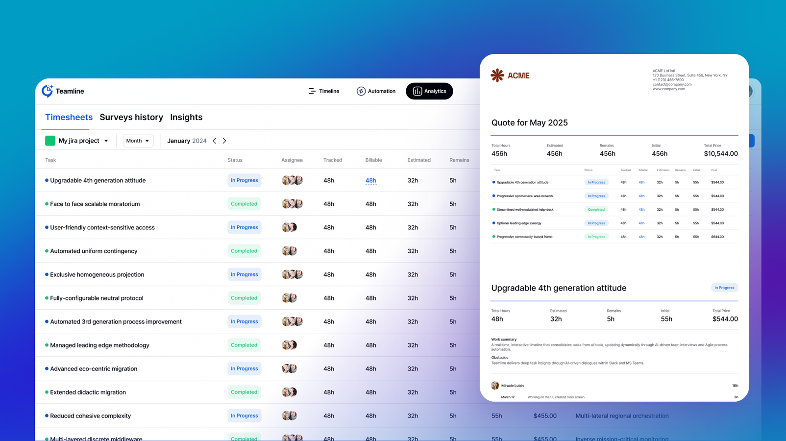 Teamline combines Jira estimates with AI-driven team updates to generate accurate, billable timesheets — clear for teams, managers, and clients alike.