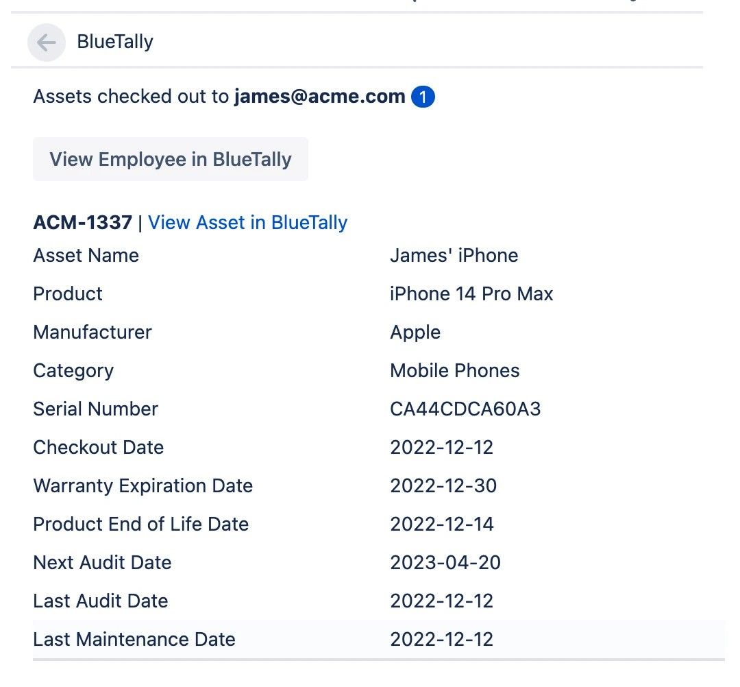 View Asset Info from BlueTally in Jira