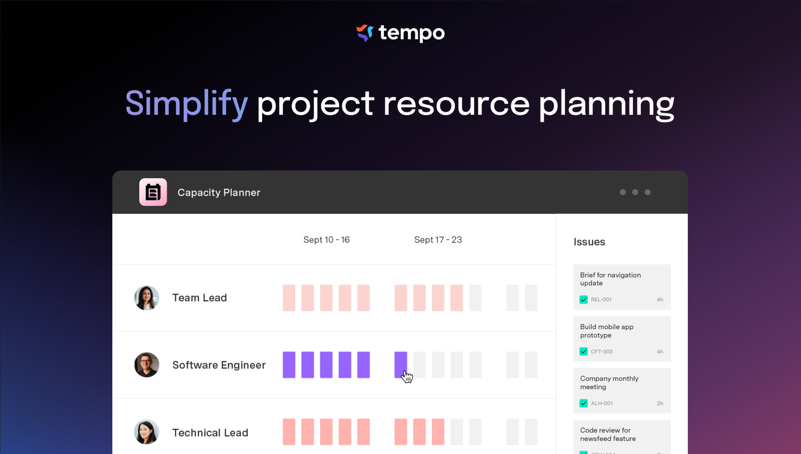 Schedule individuals and teams on a project, task or ticket level, and easily find the right person for the job by requesting resources based on availability, roles, and skills.